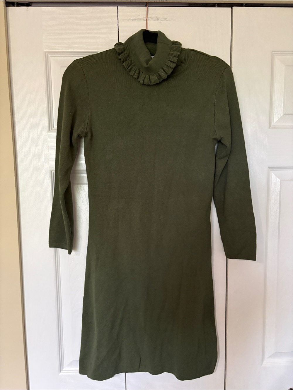 Axara Paris Ruffle Mock Neck Ribbed Knit Sweater Dress - Olive Green Size M